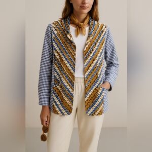 Koos of Course Collarless Gingham Check Poly Silk Tunic Blue White 2X